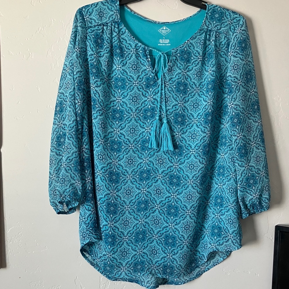 St. John's Bay Blue Patterned Blouse with Tassels